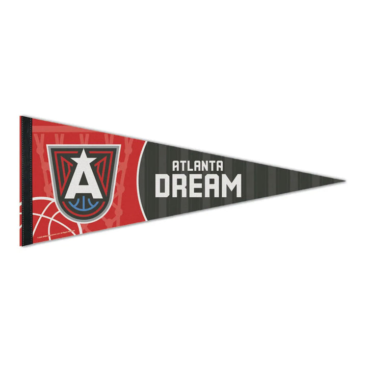 The WNBA Premium Felt Pennant is a triangular pennant showcasing the Atlanta Dream logo on the left and "Atlanta Dream" text across a striking black and red background with basketball net graphics—an ideal collectible for fans of women's basketball and the Women's National Basketball Association.