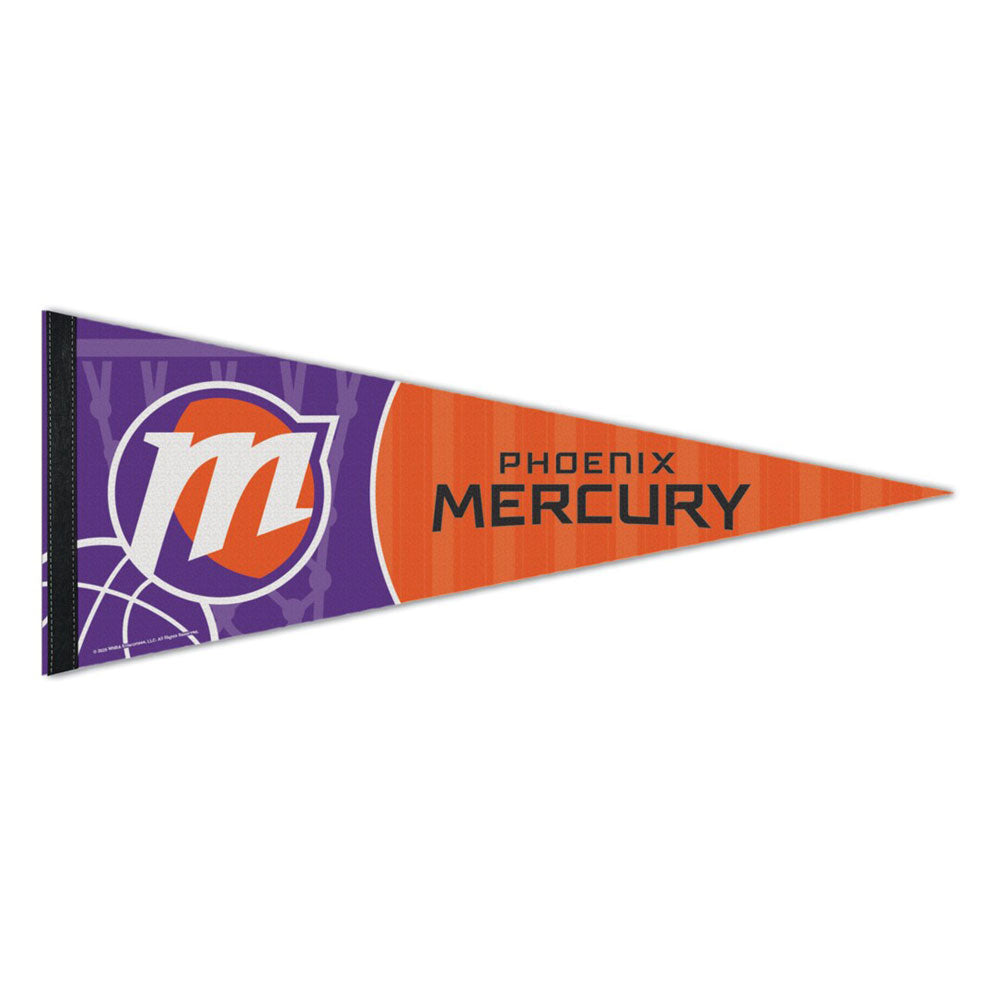 Celebrate your love for women's basketball with the WNBA Premium Felt Pennant, featuring a triangular design with a purple left side showcasing a stylized M logo and an orange right side displaying "PHOENIX MERCURY" in bold black letters—an ideal collectible for any Women's National Basketball Association fan.