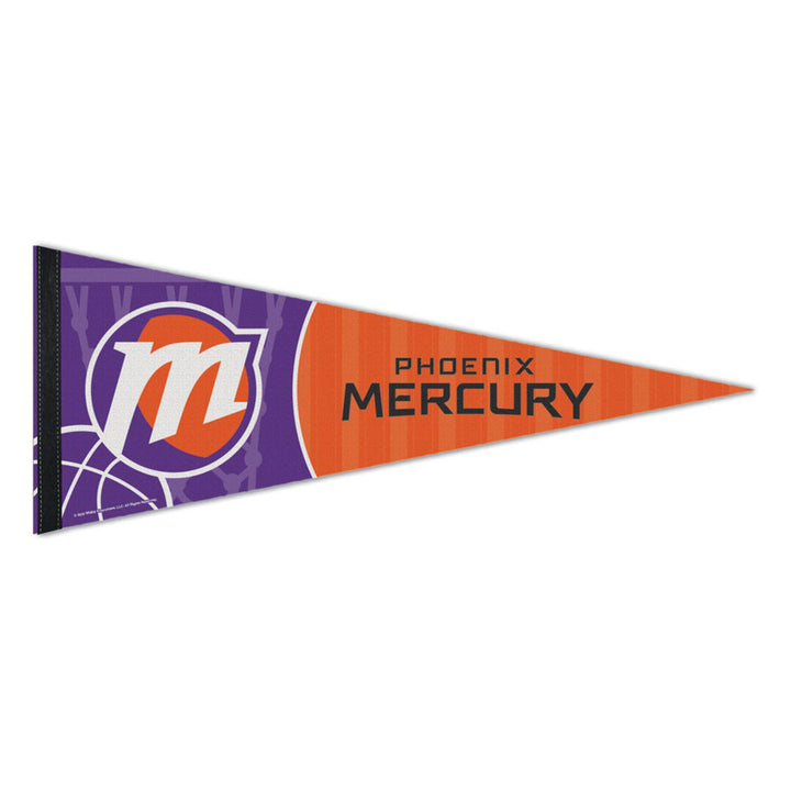 Celebrate your love for women's basketball with the WNBA Premium Felt Pennant, featuring a triangular design with a purple left side showcasing a stylized M logo and an orange right side displaying "PHOENIX MERCURY" in bold black letters—an ideal collectible for any Women's National Basketball Association fan.
