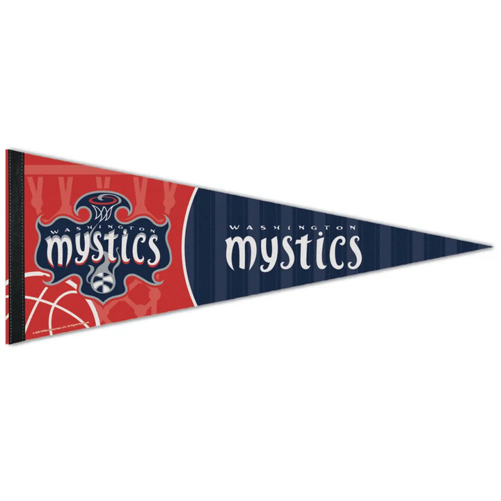 The WNBA Premium Felt Pennant is a triangular banner displaying the Washington Mystics team logo on a red background to the left and the team name in bold white letters on a blue background to the right, proudly celebrating women's basketball in the Women's National Basketball Association.