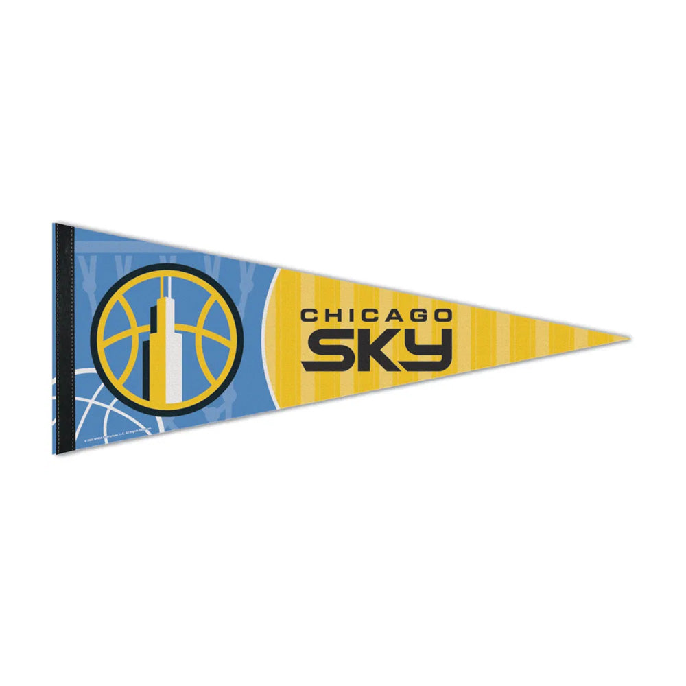 The WNBA Premium Felt Pennant is a blue and yellow triangular pennant featuring the Chicago Sky basketball team logo and name, accented by a stylized skyline and basketball graphic, celebrating women’s basketball in the Women’s National Basketball Association.
