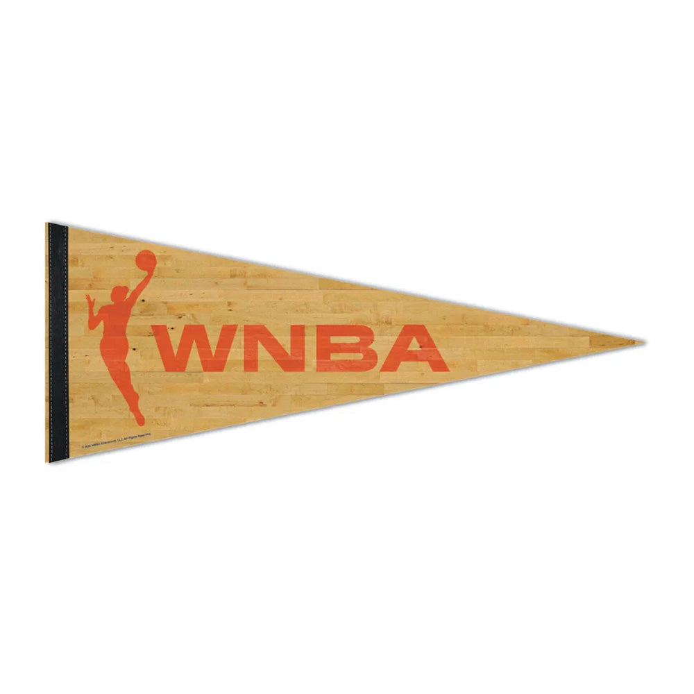 The WNBA Premium Felt Pennant showcases a triangular design with a wood-grain background, highlighted by the orange Women's National Basketball Association logo and an action silhouette of a basketball player, capturing the dynamic spirit of women's basketball.