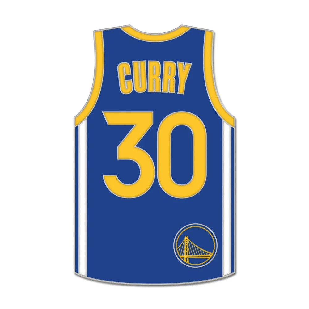 Show your team spirit with the NBA Golden State Warriors Steph Curry Jersey Pin, featuring a blue jersey with yellow trim, CURRY and 30 in bold yellow, and team logo—perfect for any Warriors or Steph Curry fan.