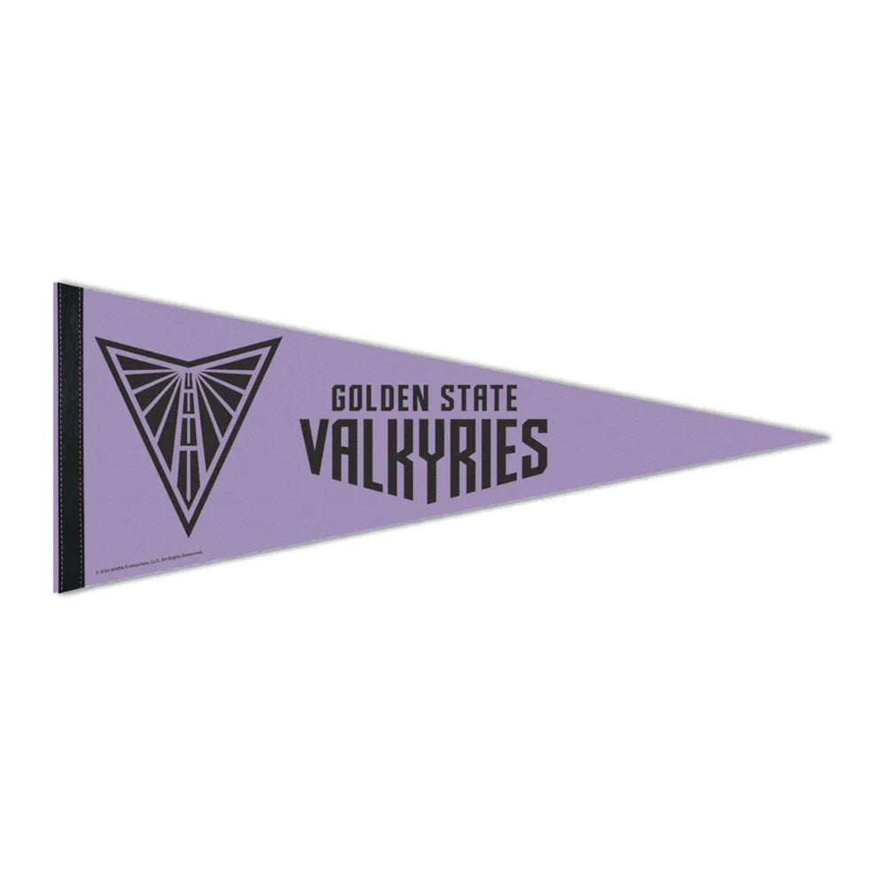 The WNBA Premium Felt Pennant in lavender displays a bold black abstract Valkyrie helmet logo and prominent Golden State Valkyries text, celebrating women's basketball in the Women's National Basketball Association.
