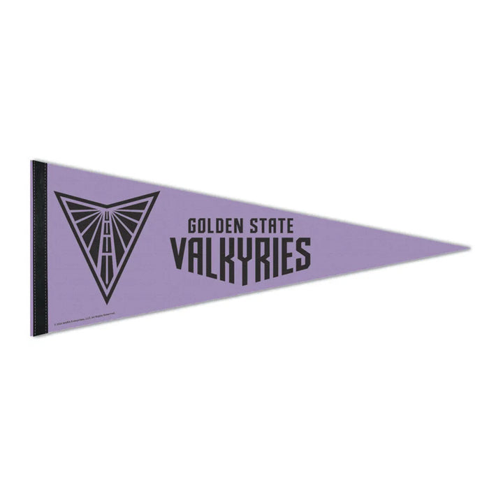 The WNBA Premium Felt Pennant in lavender displays a bold black abstract Valkyrie helmet logo and prominent Golden State Valkyries text, celebrating women's basketball in the Women's National Basketball Association.
