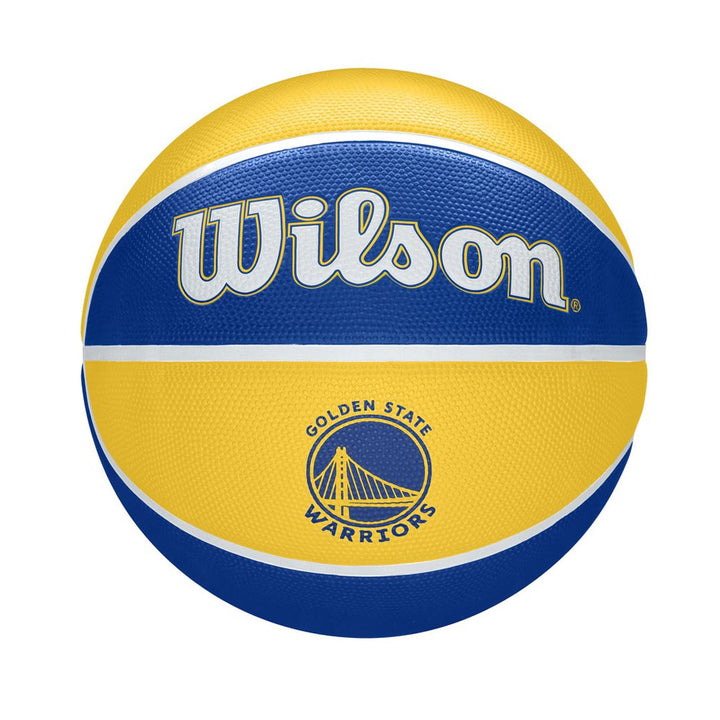 The Wilson NBA Golden State Warriors Tribute Basketball features yellow and blue panels, the Warriors logo and graphics at the front center, with a white Wilson logo on top.