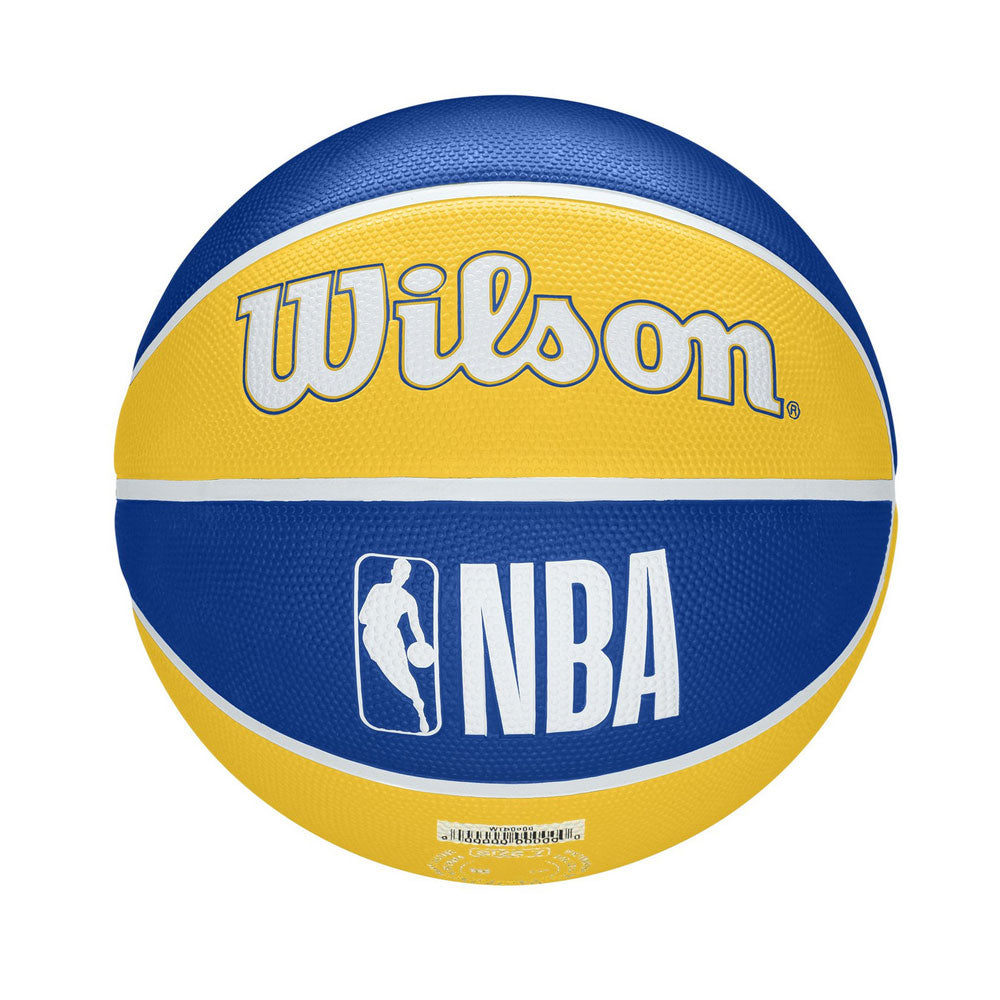 The Wilson NBA Golden State Warriors Tribute Basketball is a blue and yellow outdoor ball featuring the NBA logo and white lettering, inspired by the Warriors team.