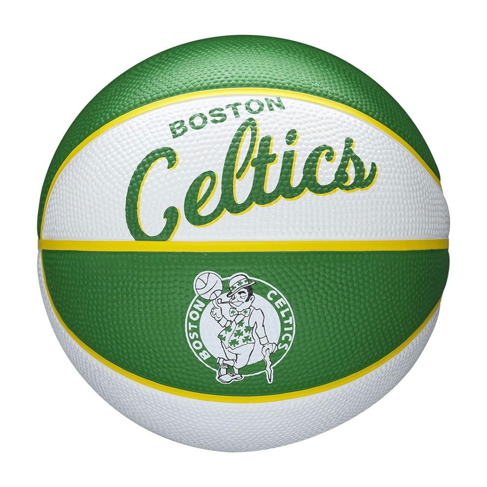 The Wilson NBA Boston Celtics Mini Basketball features a green and white design with the team’s logo, “Celtics” in yellow script, and the mascot holding a basketball—perfect as a mini NBA basketball for kids.