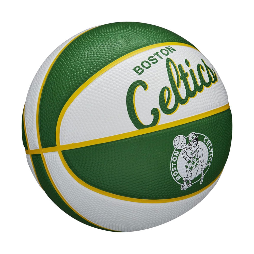 The Wilson NBA Boston Celtics Mini Basketball features green and white colors, the team's name, and the leprechaun logo—ideal for fans or as a kids mini basketball for young Celtics enthusiasts.