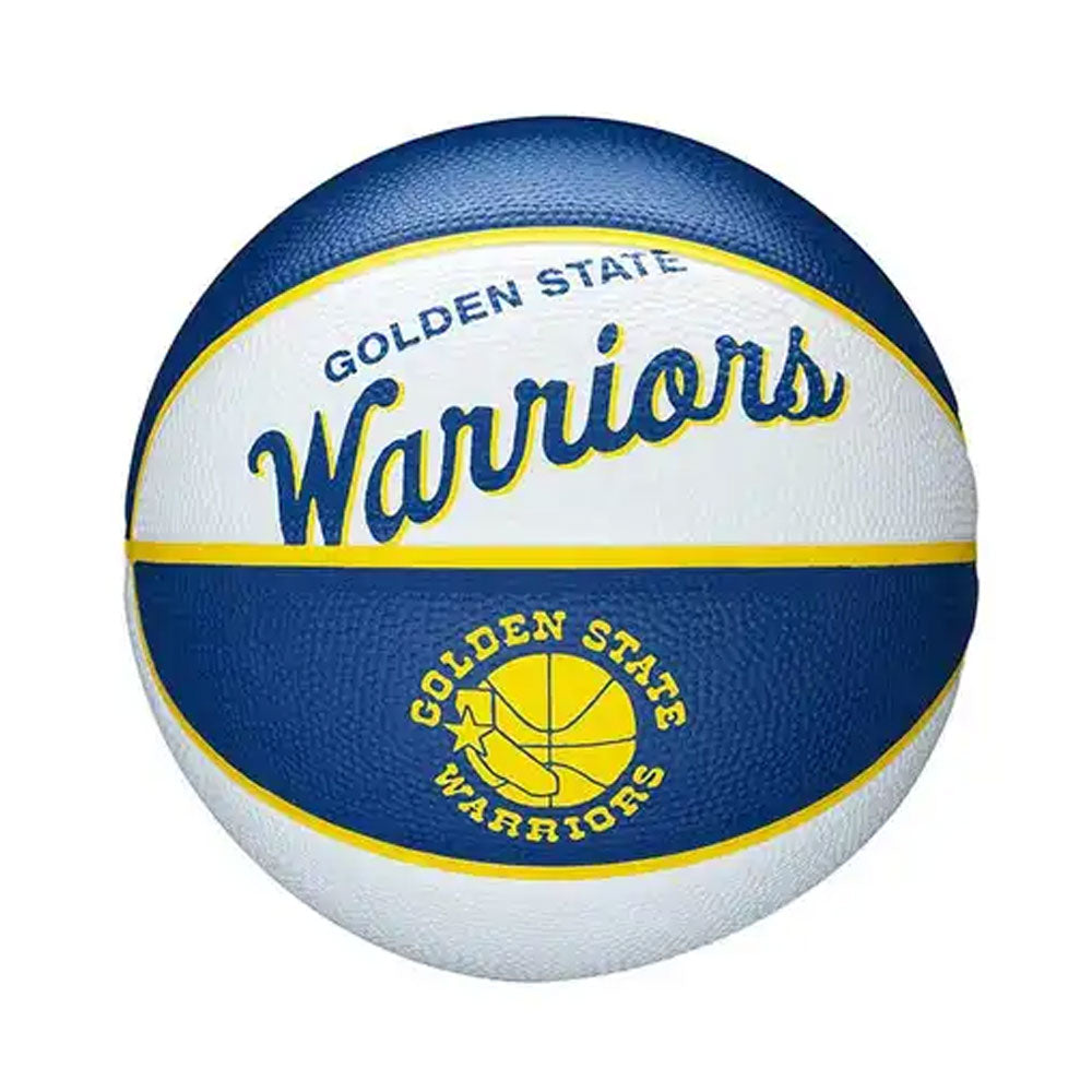 The Wilson NBA Golden State Warriors Mini Basketball in blue, white, and yellow showcases the team logo and name—ideal for kids’ outdoor basketball games.