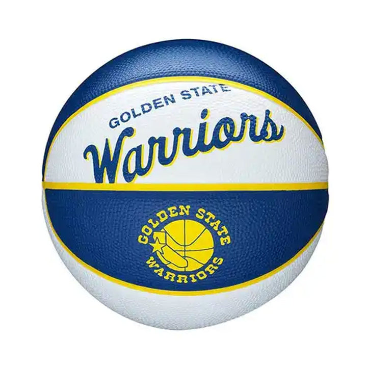 The Wilson NBA Golden State Warriors Mini Basketball in blue, white, and yellow showcases the team logo and name—ideal for kids’ outdoor basketball games.