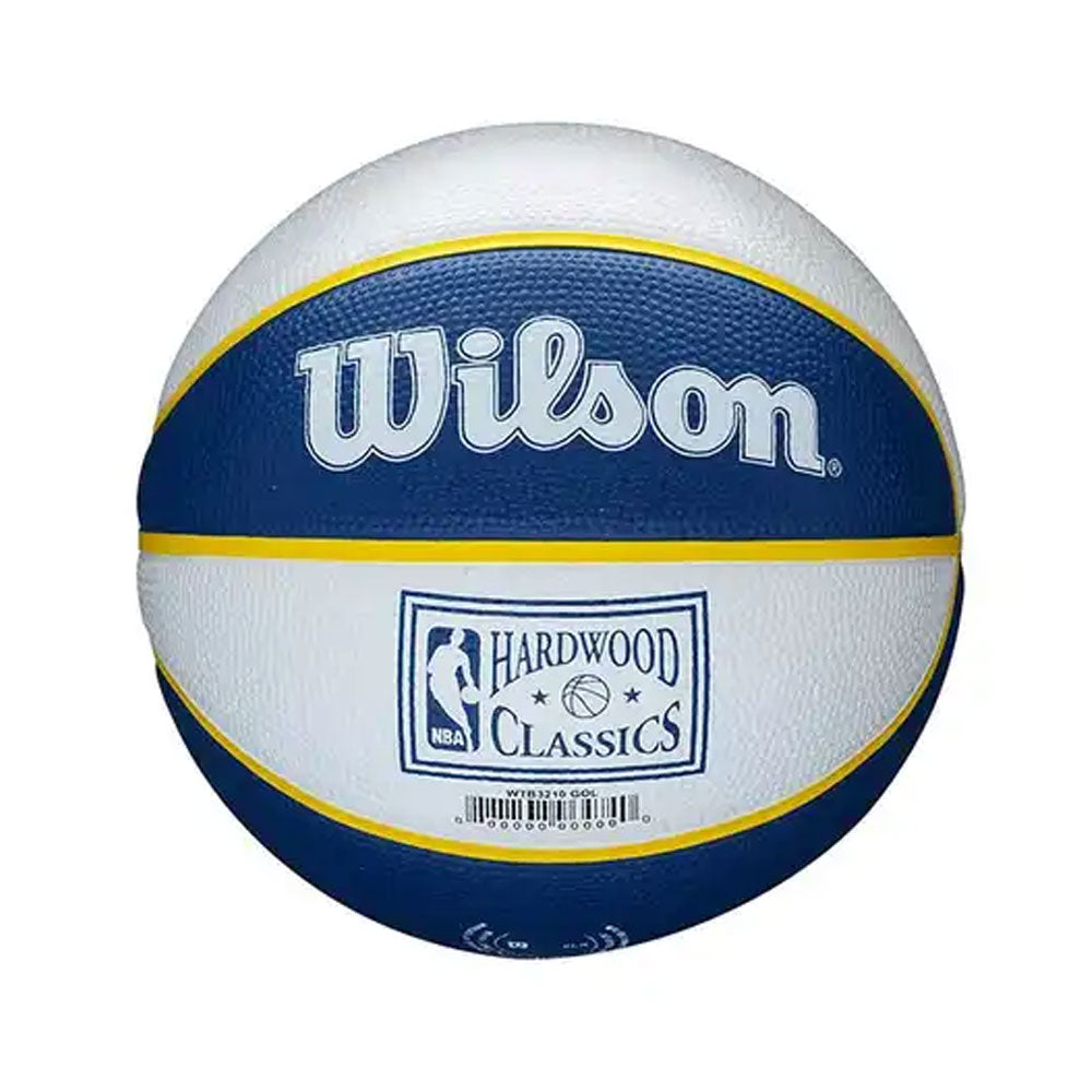 The Wilson NBA Golden State Warriors Mini Basketball, in blue, white, and yellow with the NBA Hardwood Classics logo, is inspired by Warriors basketball and displayed on a plain white background.