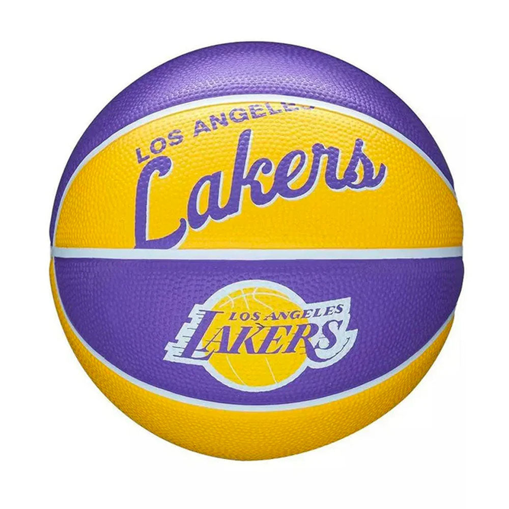 The Wilson NBA Los Angeles Lakers Mini Basketball is a size 3 kids ball in purple and yellow with the team logo and name on a white background.