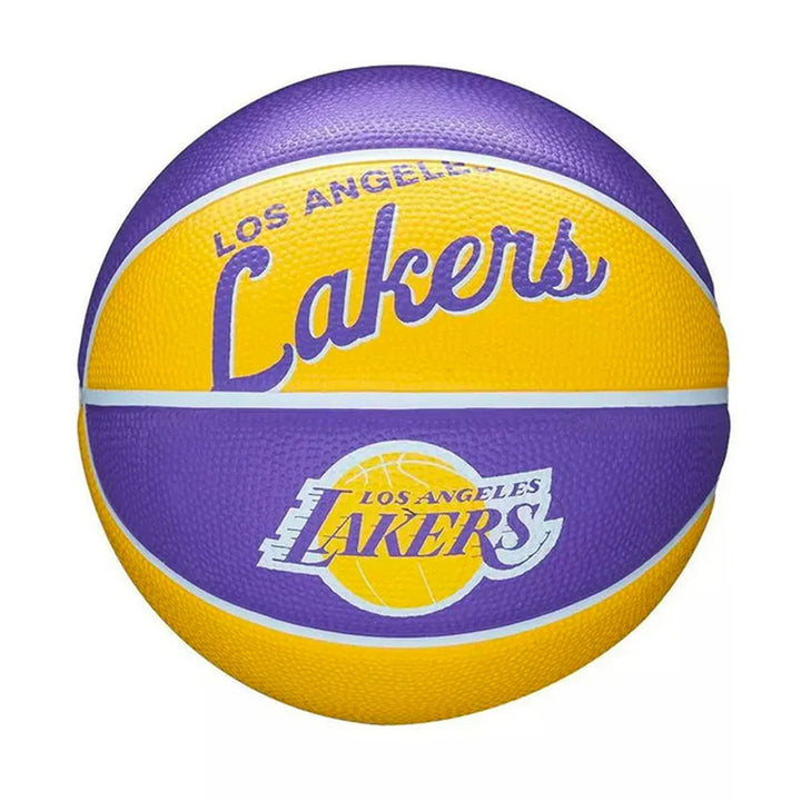 The Wilson NBA Los Angeles Lakers Mini Basketball is a size 3 kids ball in purple and yellow with the team logo and name on a white background.
