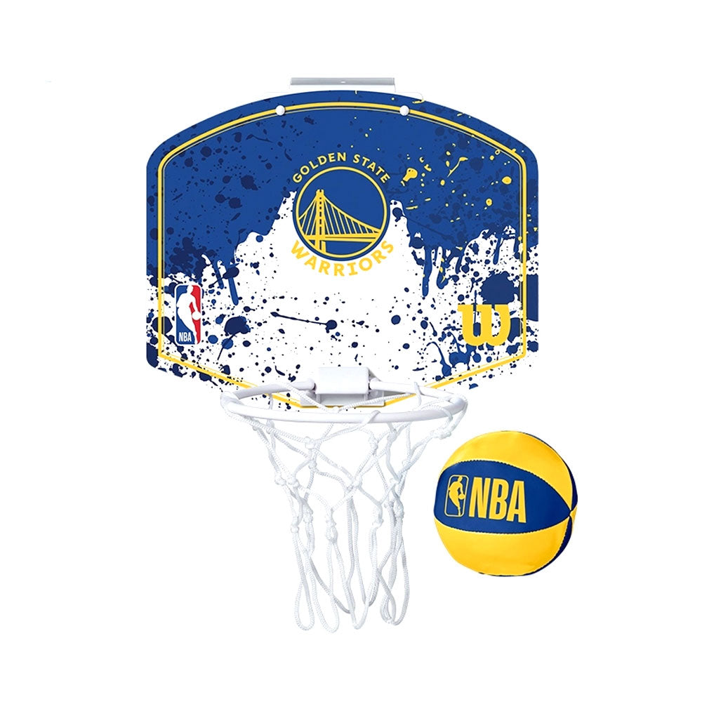 The Wilson NBA Golden State Warriors Mini Hoop Door Set w/Ball features a blue/yellow splatter design, NBA and Wilson logos, and comes with a matching mini basketball—perfect for fans to enjoy indoor play.