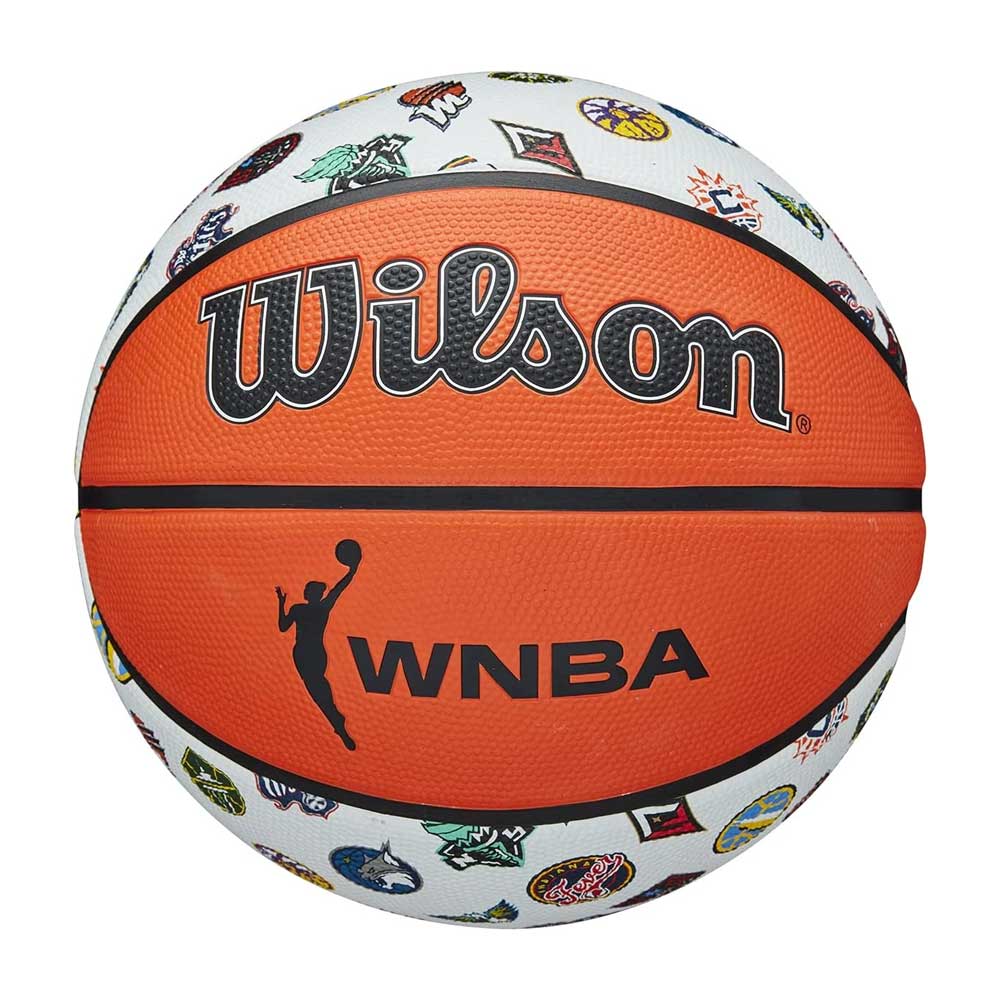 The Wilson WNBA All Team Basketball features WNBA and league logos on orange and white panels, with all WNBA team logos printed around the white section—a fun, kid-friendly ball that’s perfect for fans of every age.