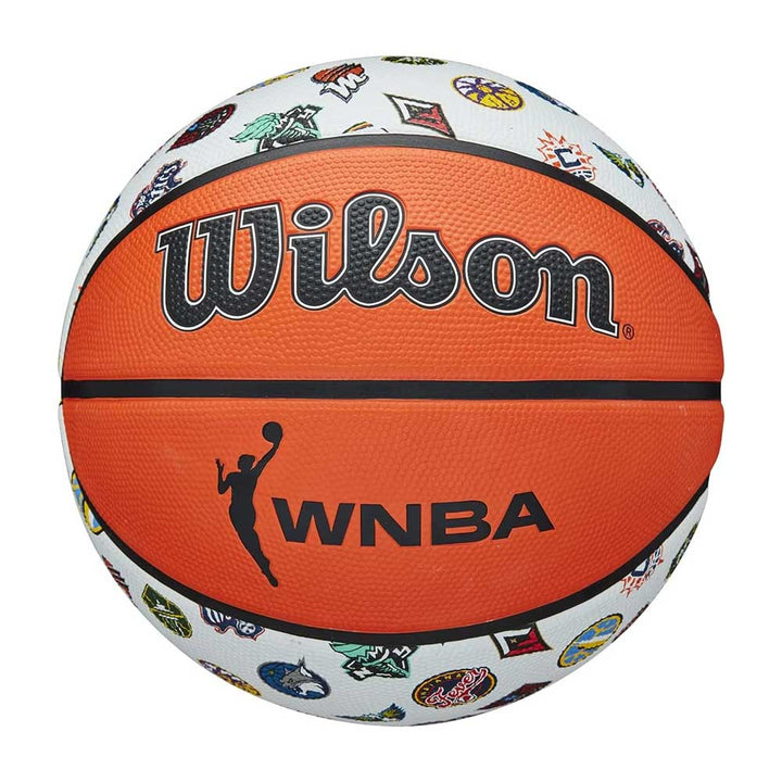 The Wilson WNBA All Team Basketball features WNBA and league logos on orange and white panels, with all WNBA team logos printed around the white section—a fun, kid-friendly ball that’s perfect for fans of every age.