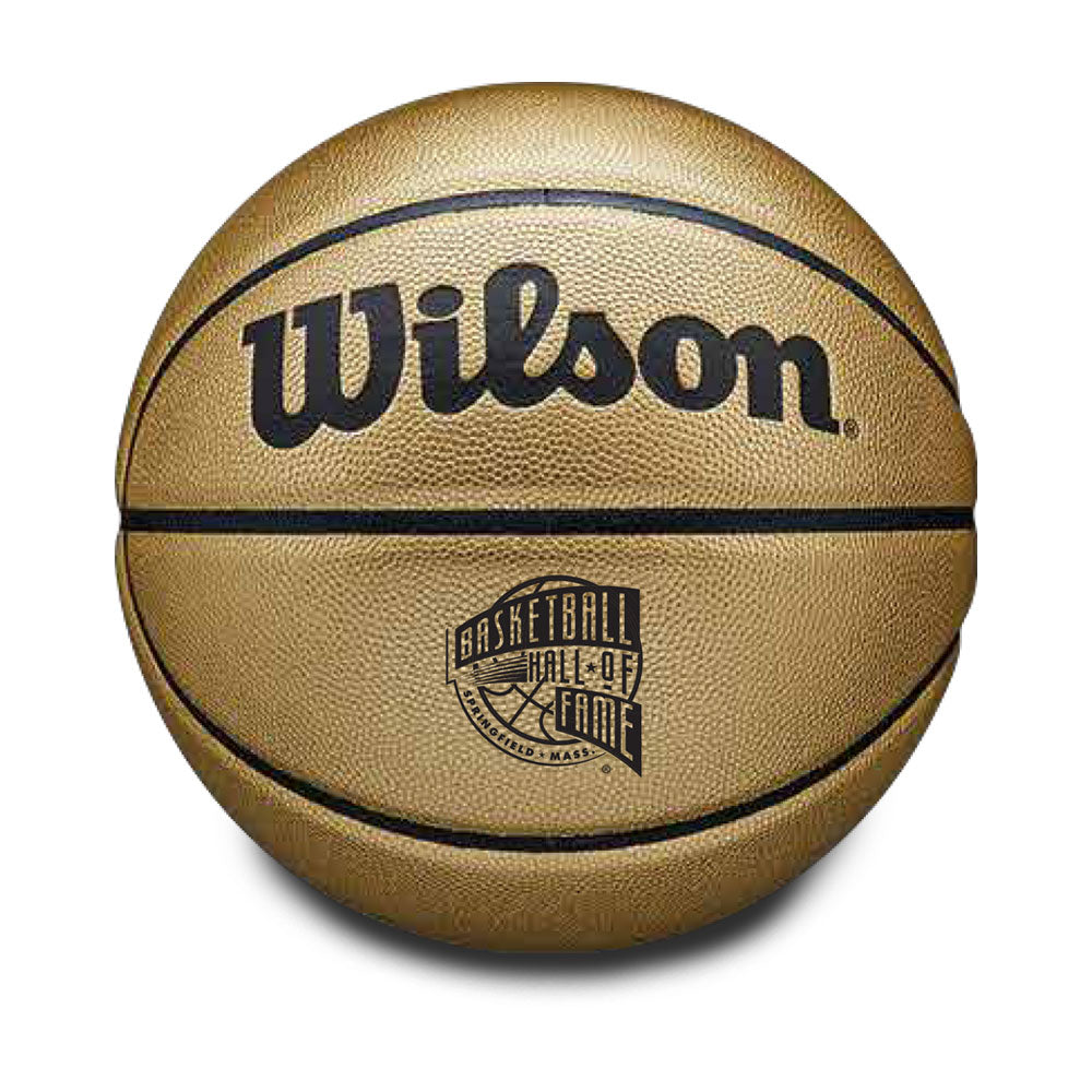 A Basketball Hall of Fame x Wilson NBA Gold Edition Basketball, featuring the Hall of Fame logo, is displayed on a white background.