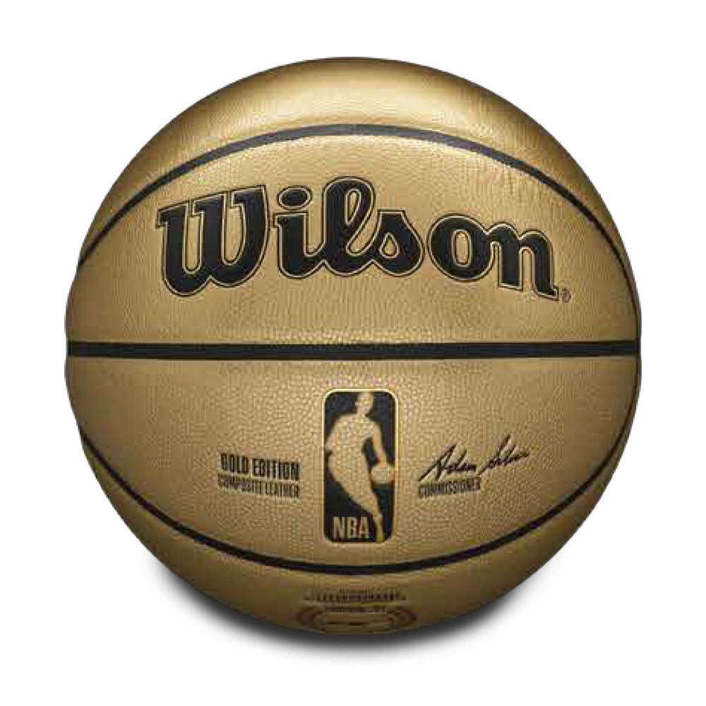 The Basketball Hall of Fame x Wilson NBA Gold Edition Basketball features the iconic NBA logo, “Gold Edition” text, and a printed signature, all captured beautifully against a white background—a tribute truly worthy of any Basketball Hall of Fame collection.