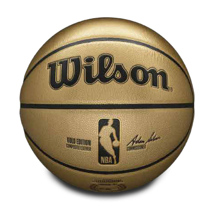 The Basketball Hall of Fame x Wilson NBA Gold Edition Basketball features the iconic NBA logo, “Gold Edition” text, and a printed signature, all captured beautifully against a white background—a tribute truly worthy of any Basketball Hall of Fame collection.