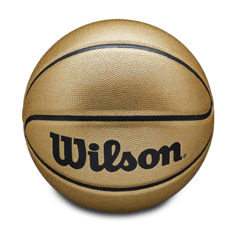 The Basketball Hall of Fame x Wilson NBA Gold Edition Basketball, featuring black lines and a bold Wilson logo, is showcased on a white background—making it a perfect collectible for any Basketball Hall of Fame enthusiast.