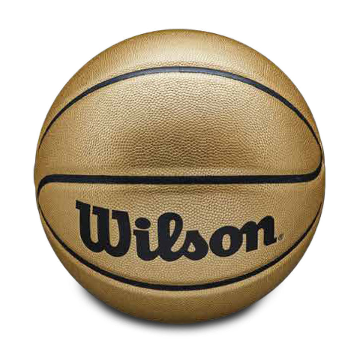 The Basketball Hall of Fame x Wilson NBA Gold Edition Basketball, featuring black lines and a bold Wilson logo, is showcased on a white background—making it a perfect collectible for any Basketball Hall of Fame enthusiast.