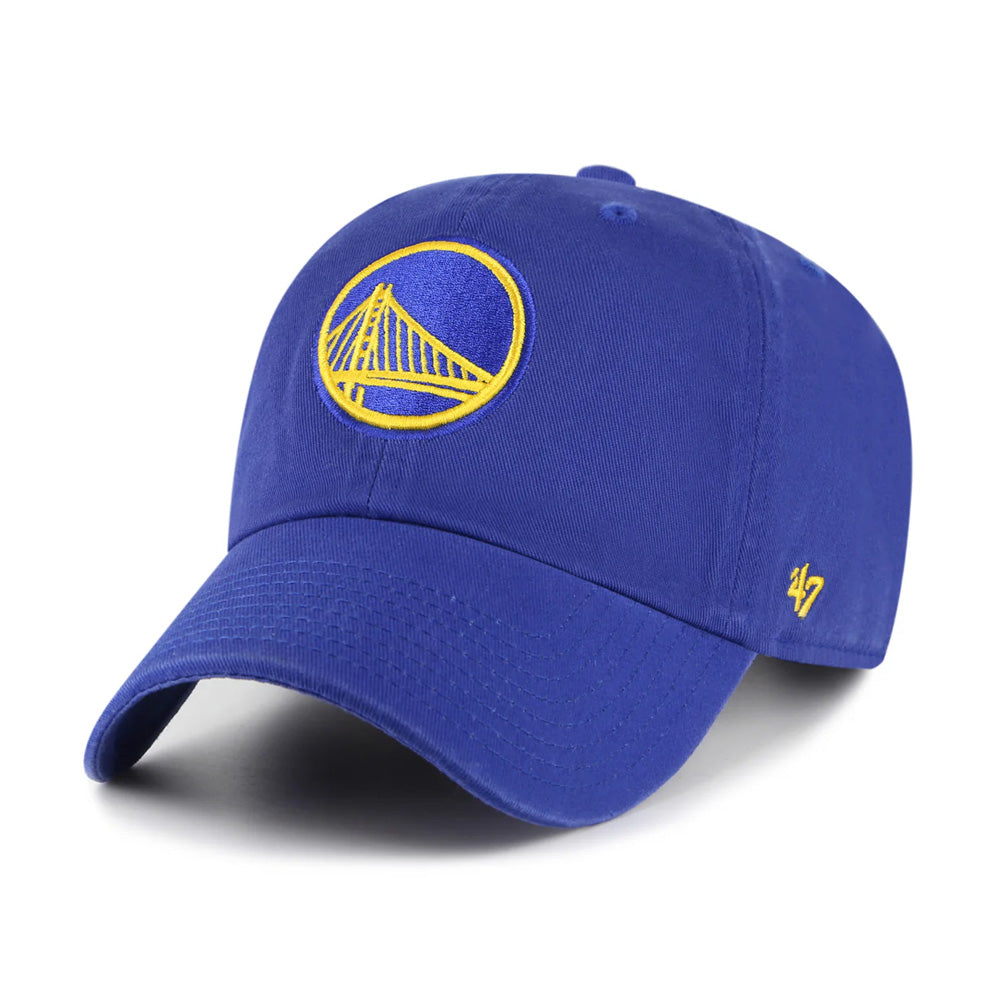 The Golden State Warriors 47 Clean Up Cap is a royal blue strapback with a yellow bridge logo on the front and a yellow 47 logo on the side—an ideal addition to any Warriors collection.