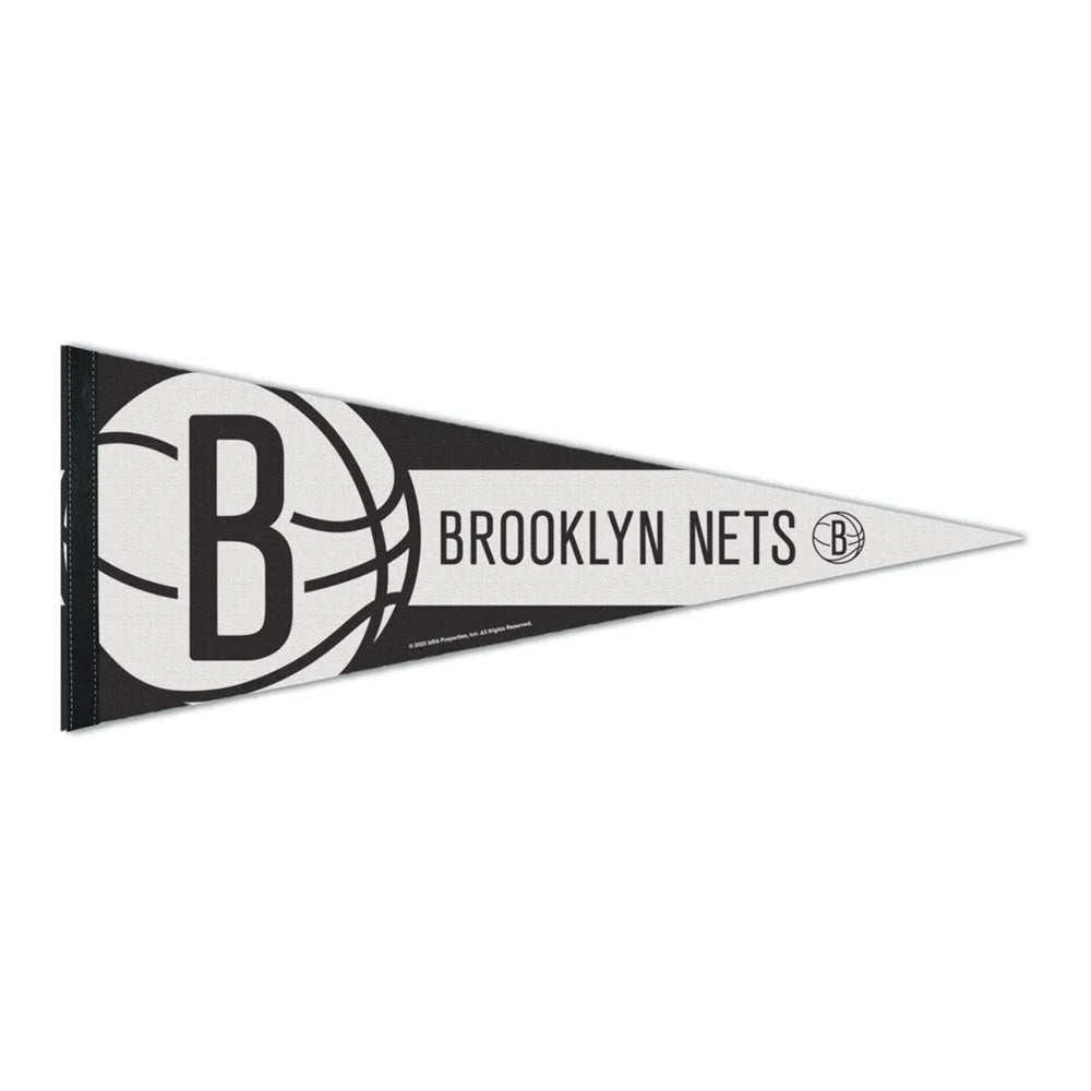 NBA Premium Felt Pennant in black and white featuring a large B on a basketball graphic and the Brooklyn Nets team name displayed across the flag.