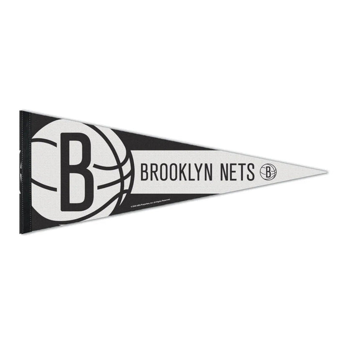 NBA Premium Felt Pennant in black and white featuring a large B on a basketball graphic and the Brooklyn Nets team name displayed across the flag.