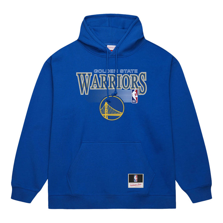 The NBA Mitchell & Ness Golden State Warriors Hooded Sweatshirt features a royal blue design with team name, logo, and NBA patch on the front, plus a comfy hood and kangaroo pocket—perfect for any fan.