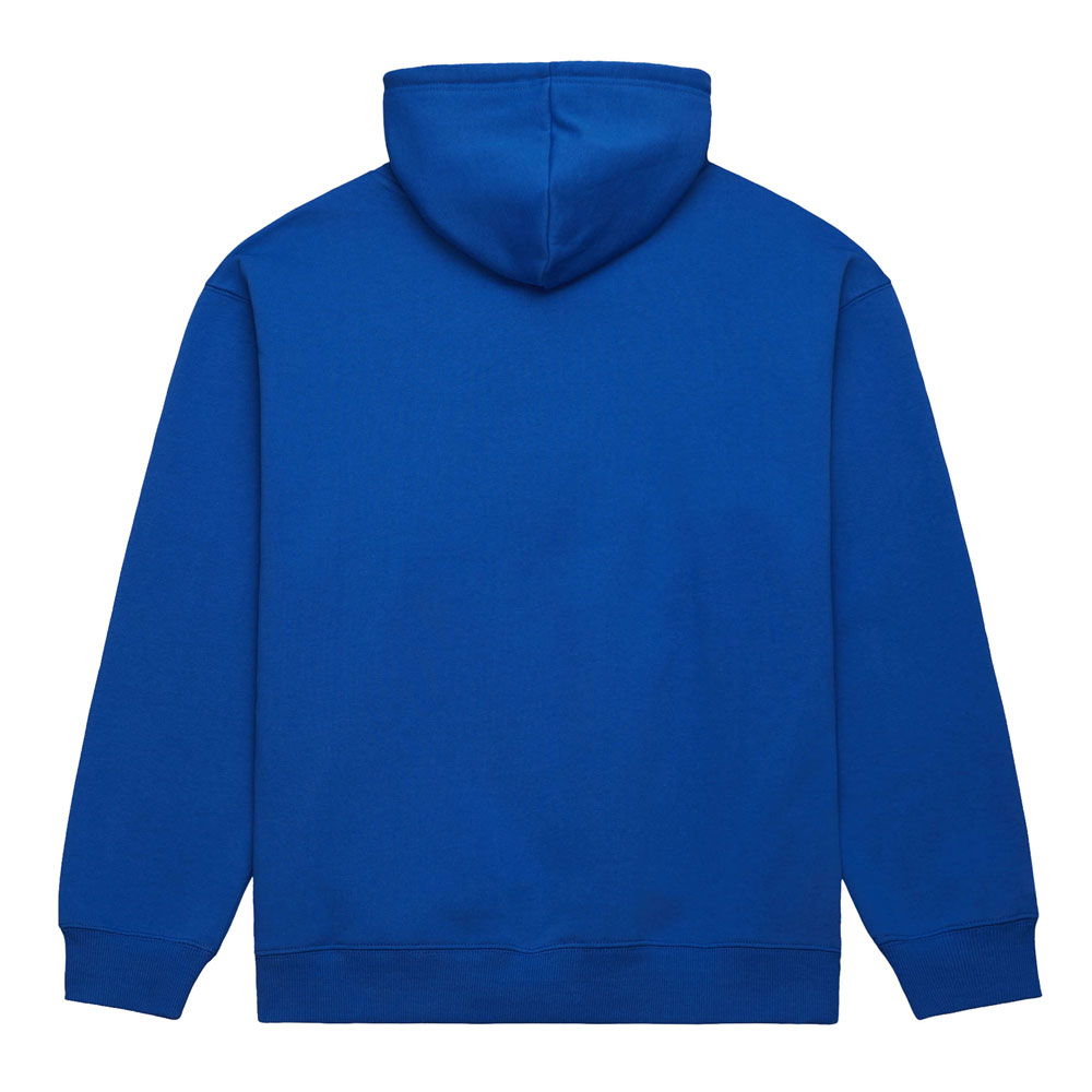 The NBA Mitchell & Ness Golden State Warriors Hooded Sweatshirt is a plain royal blue hoodie with long sleeves, ribbed cuffs and waistband, shown from the back, featuring no visible logos, designs, or pockets.