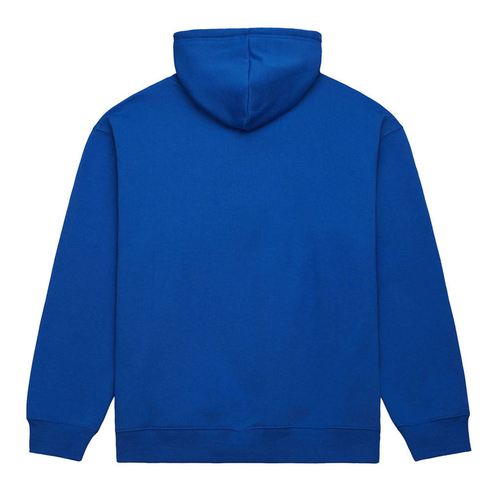 The NBA Mitchell & Ness Golden State Warriors Hooded Sweatshirt is a plain royal blue hoodie with long sleeves, ribbed cuffs and waistband, shown from the back, featuring no visible logos, designs, or pockets.