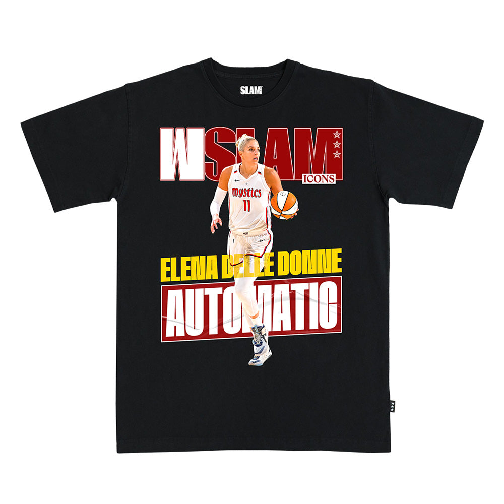 Introducing the WSLAM Court Origins Cover T-Shirt, Elena Delle Donne edition—a black tee featuring a dynamic image of the legendary basketball star in a white uniform clutching a ball. Bold red, white, and yellow lettering showcases “SLAM ICONS,” “Elena Delle Donne,” and “AUTOMATIC,” making this the ultimate collector’s piece for basketball fans.