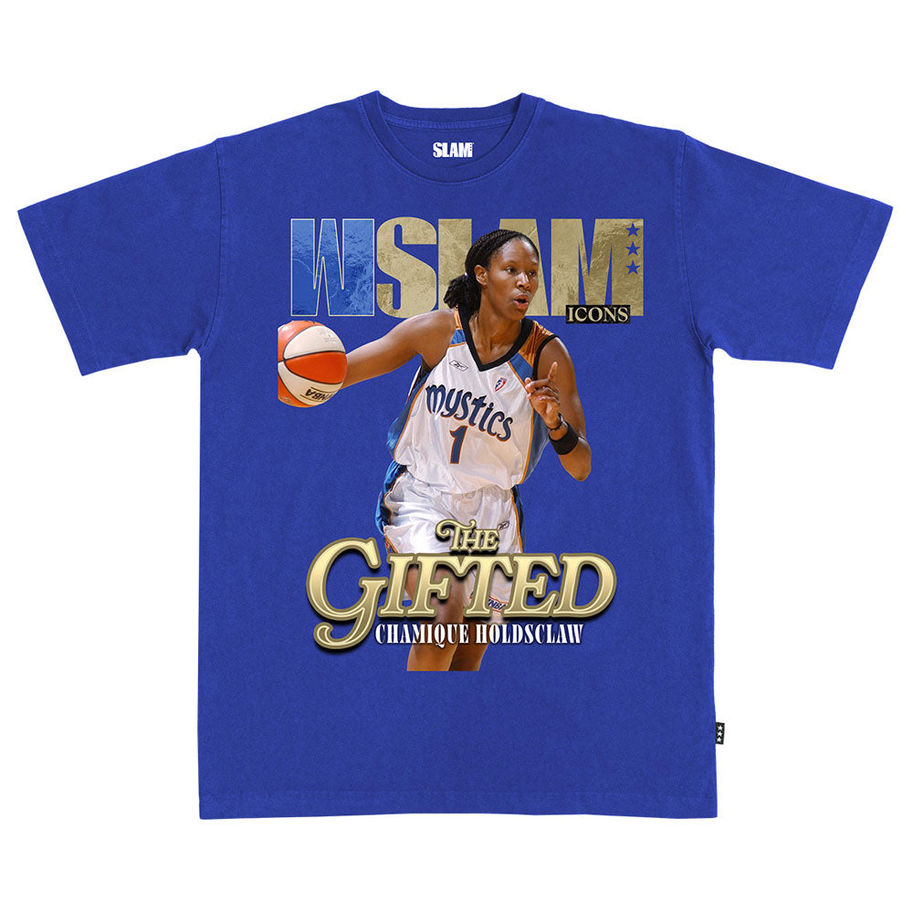 The WSLAM Court Origins Cover T-Shirt, Chamique Holdsclaw, is a blue tee showcasing basketball legend Chamique Holdsclaw in her Mystics uniform, holding a basketball. The front features the text “WSLAM ICONS,” “The Gifted,” and her name. This Hall of Fame tribute shirt celebrates her iconic status and is the perfect addition for any fan.