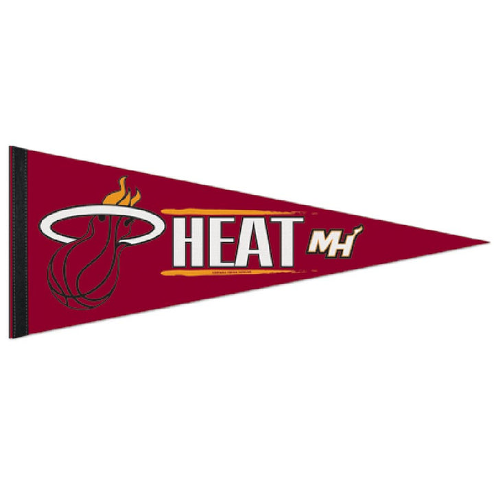 Show your Miami Heat pride with this maroon Basketball Sport Teams Pennant Flag featuring the team logo—a flaming basketball through a hoop—bold "HEAT" letters, and "MH" initials, making it a must-have for fans and collectors alike.