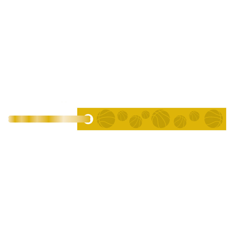 The Basketball Hall of Fame® 3D Gold Bar Keychain is a rectangular gold keychain with a strap, featuring raised basketball designs in different sizes arranged from left to right.