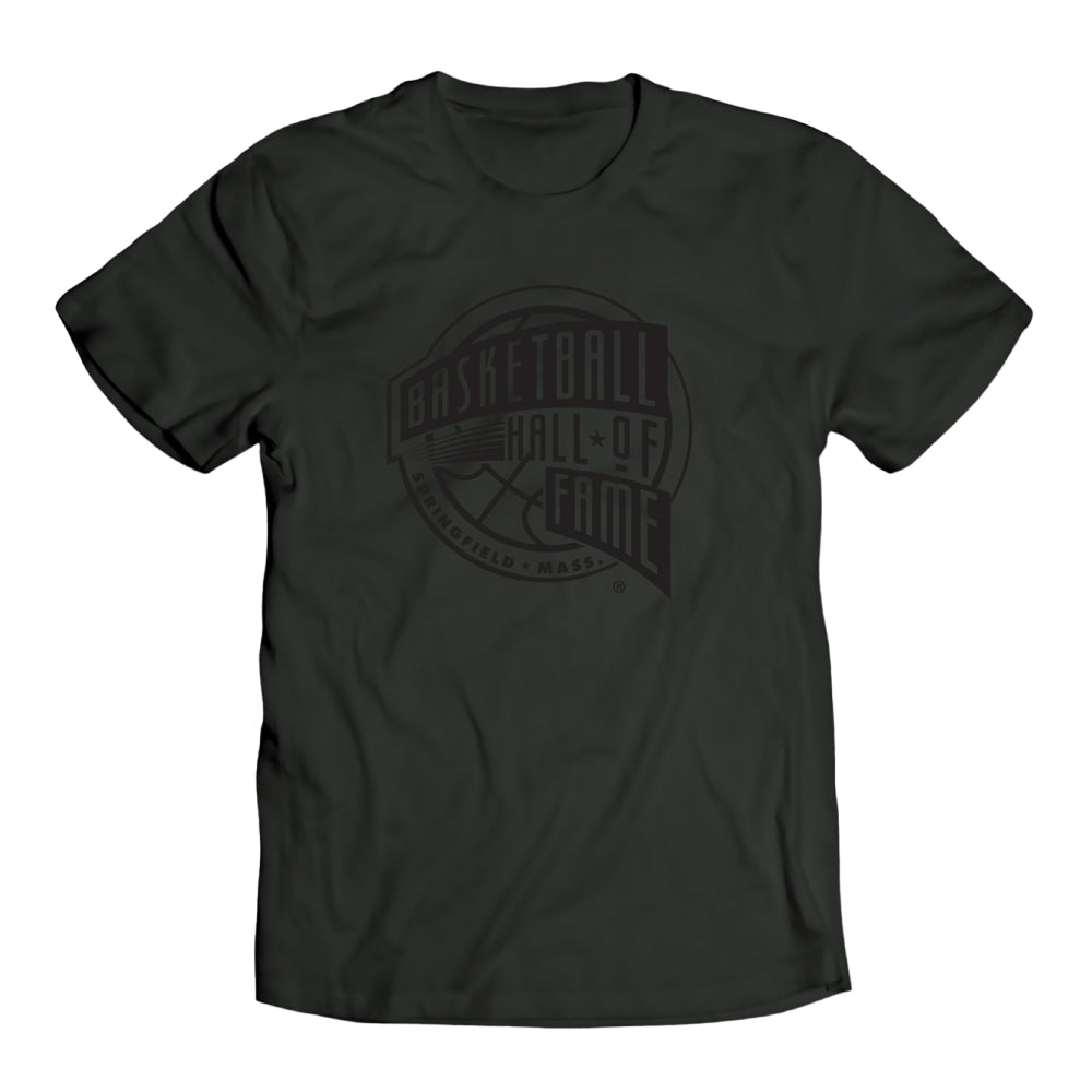 The Basketball Hall of Fame Tonal Logo T-Shirt is a black tee with a subtle, dark Hall of Fame logo on the front—perfect for basketball fans seeking a sleek, understated design.