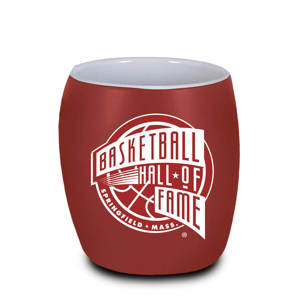 Pair the Basketball Hall of Fame Etched Shot Glass with a red tumbler featuring a white Hall of Fame logo, basketball graphic, and "Springfield, Mass."—an ideal set for celebrating hoops history.