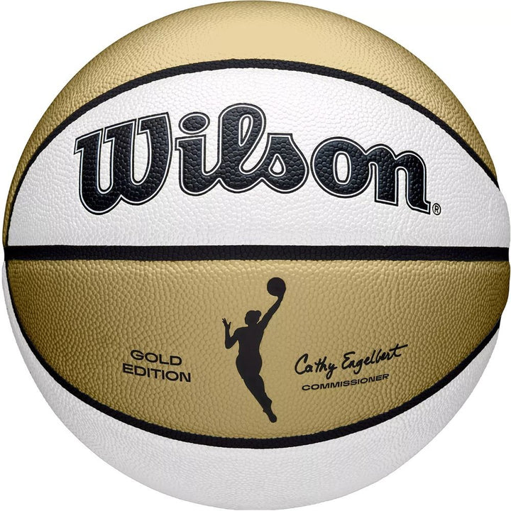 The Wilson WNBA Gold Edition Autograph Basketball Size 6 has gold and white panels, "GOLD EDITION" text, Cathy Engelbert's signature as Commissioner, and a female player silhouette—a true limited edition collectible.