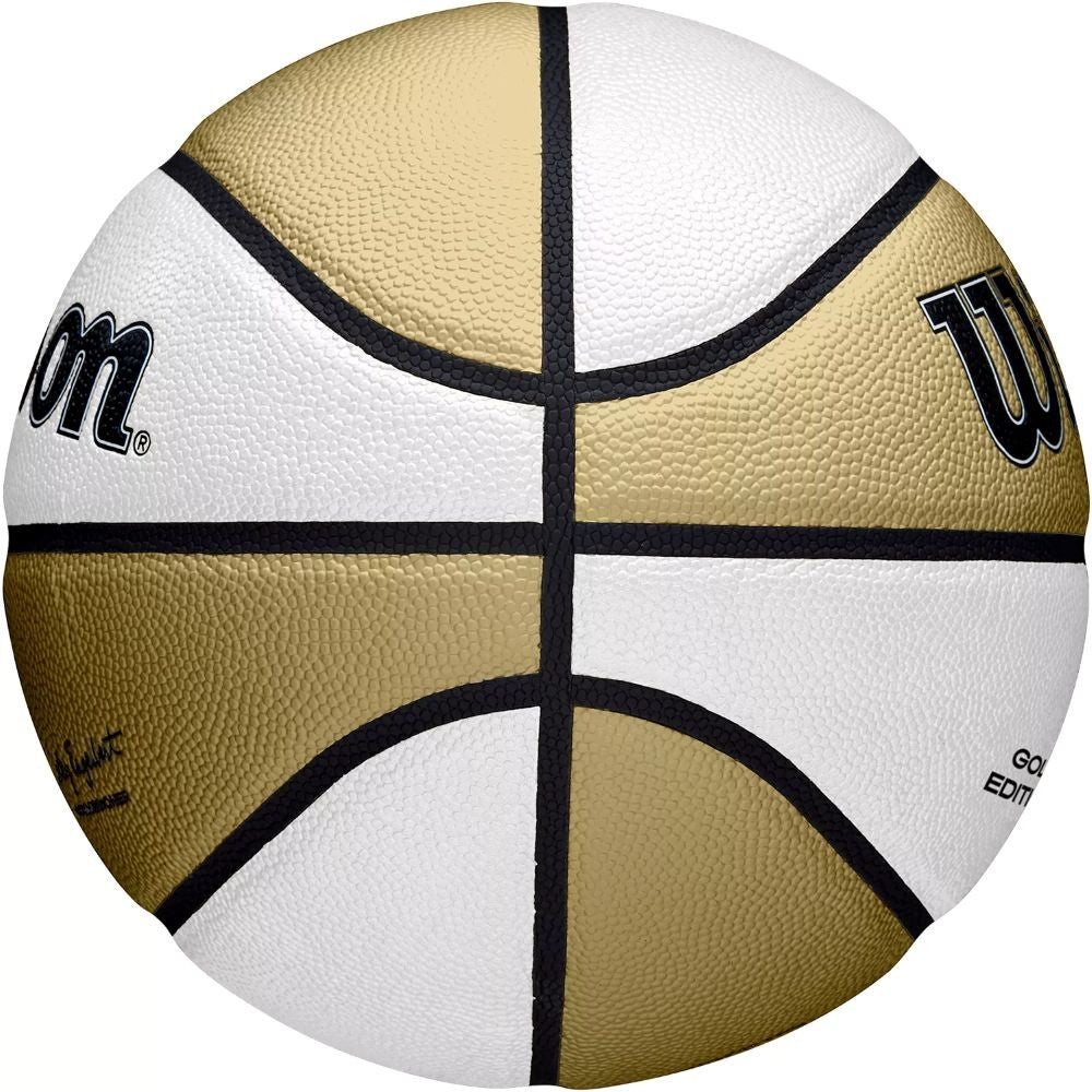 The Wilson WNBA Gold Edition Autograph Basketball Size 6 features gold and white panels, black lines, and the Wilson logo—a striking limited edition piece perfect for collectors.