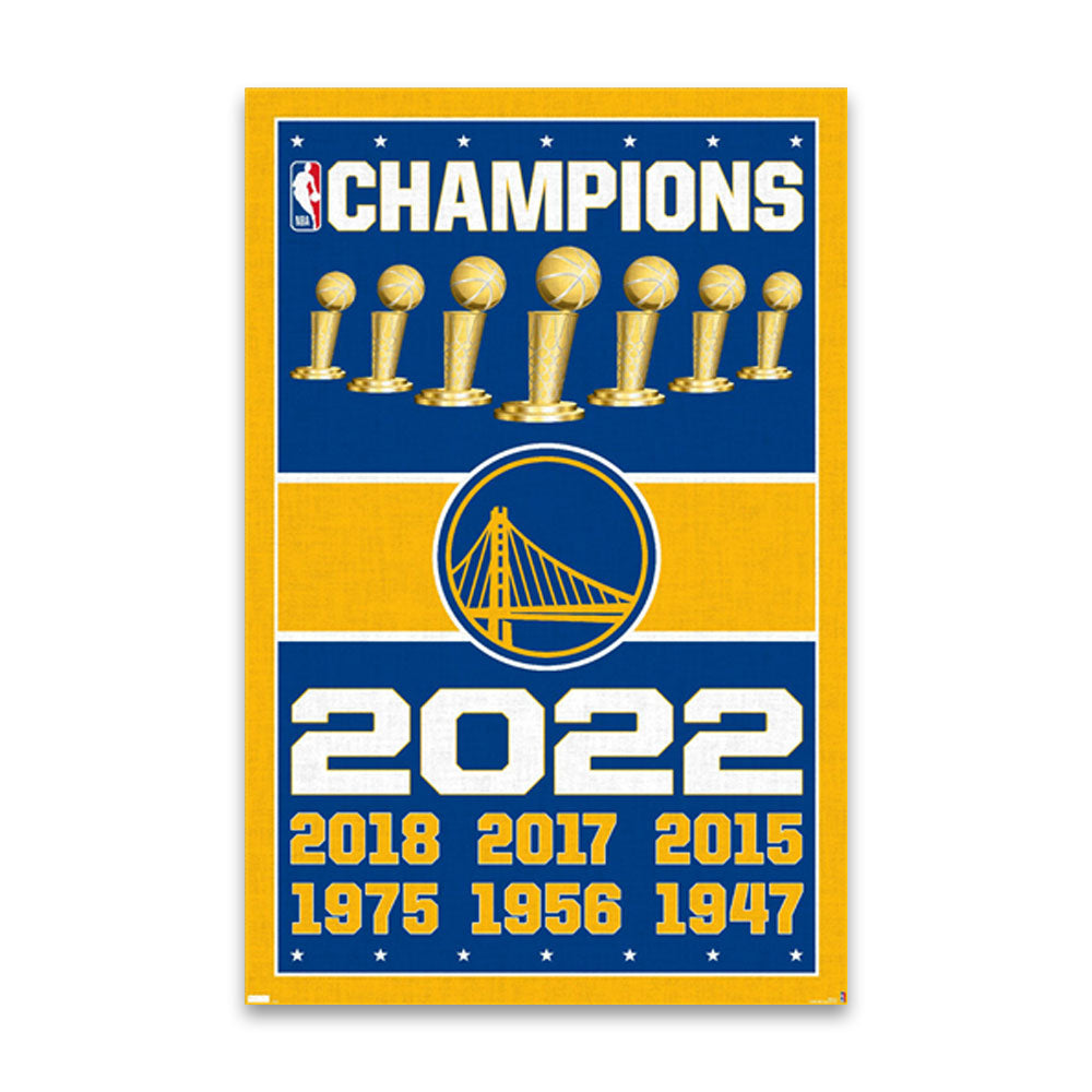 The NBA Golden State Warriors Champions 22 Poster features a blue and gold design with the NBA logo, CHAMPIONS text, seven trophies, the Warriors bridge logo, championship years, and honors their Chase Center legacy.
