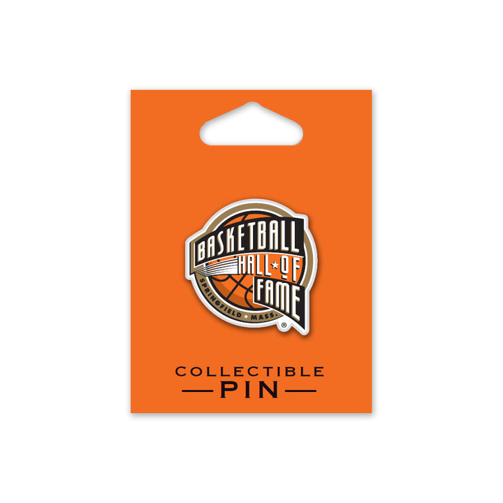 The Basketball Hall of Fame Pin and Card features a souvenir enamel pin with a basketball design and "Basketball Hall of Fame, Springfield, Mass." on an orange backing—an ideal gift for fans and collectors.
