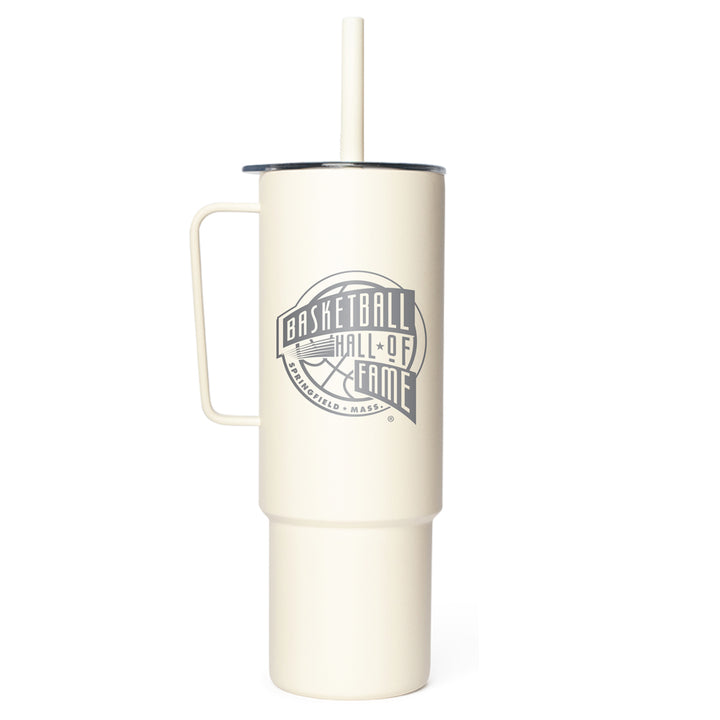 The Basketball Hall of Fame® 32oz Straw Tumbler is a tall, cream-colored cup with handle, lid, and straw. Features a gray logo with basketball graphic and “Springfield, Mass.” text—ideal for sports fans.