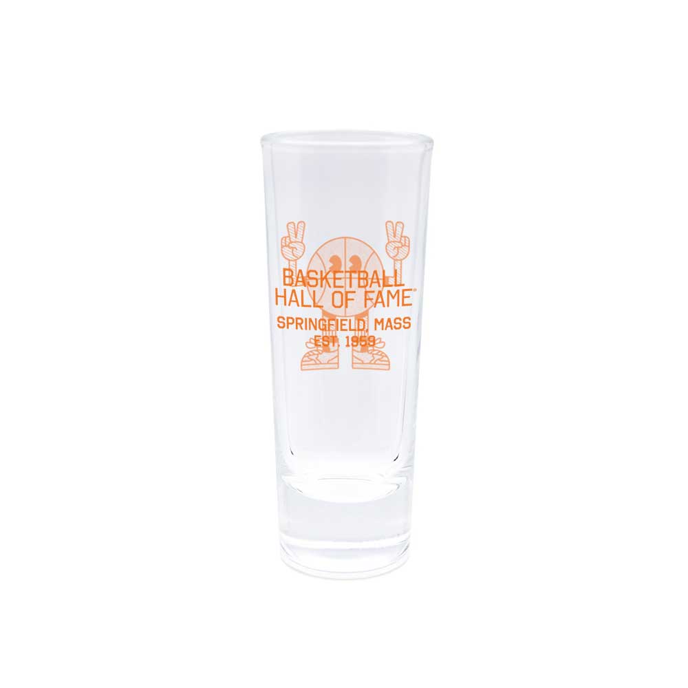 The Basketball Hall of Fame Buckets and Dimes Mini Glass features orange "Basketball Hall of Fame, Springfield, Mass, 1969" text and a basketball with two peace-sign cartoon hands—a perfect collectible for basketball nostalgia.