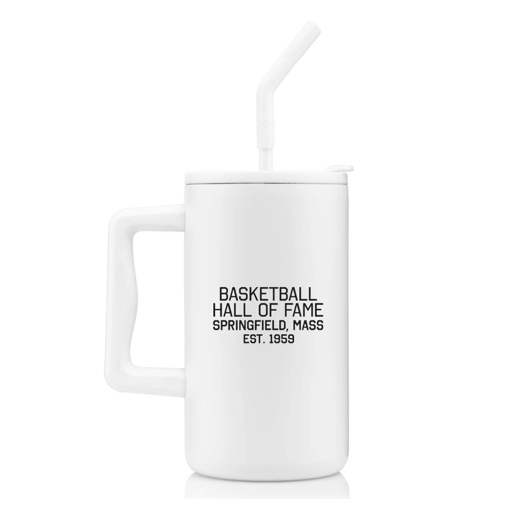 The Basketball Hall of Fame Buckets and Dimes Travel Mug is a white double wall vacuum mug with handle, lid, and straw. It features "BASKETBALL HALL OF FAME SPRINGFIELD, MASS EST. 1959" and unique Buckets and Dimes artwork for fans.