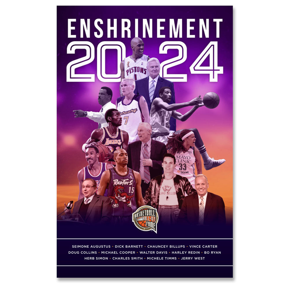 The Basketball Hall of Fame Enshrinement 2024 Poster features photos of players and coaches, the Hall of Fame logo, and honorees with "ENSHRINEMENT 2024" at the top—perfect for any basketball collectibles fan.