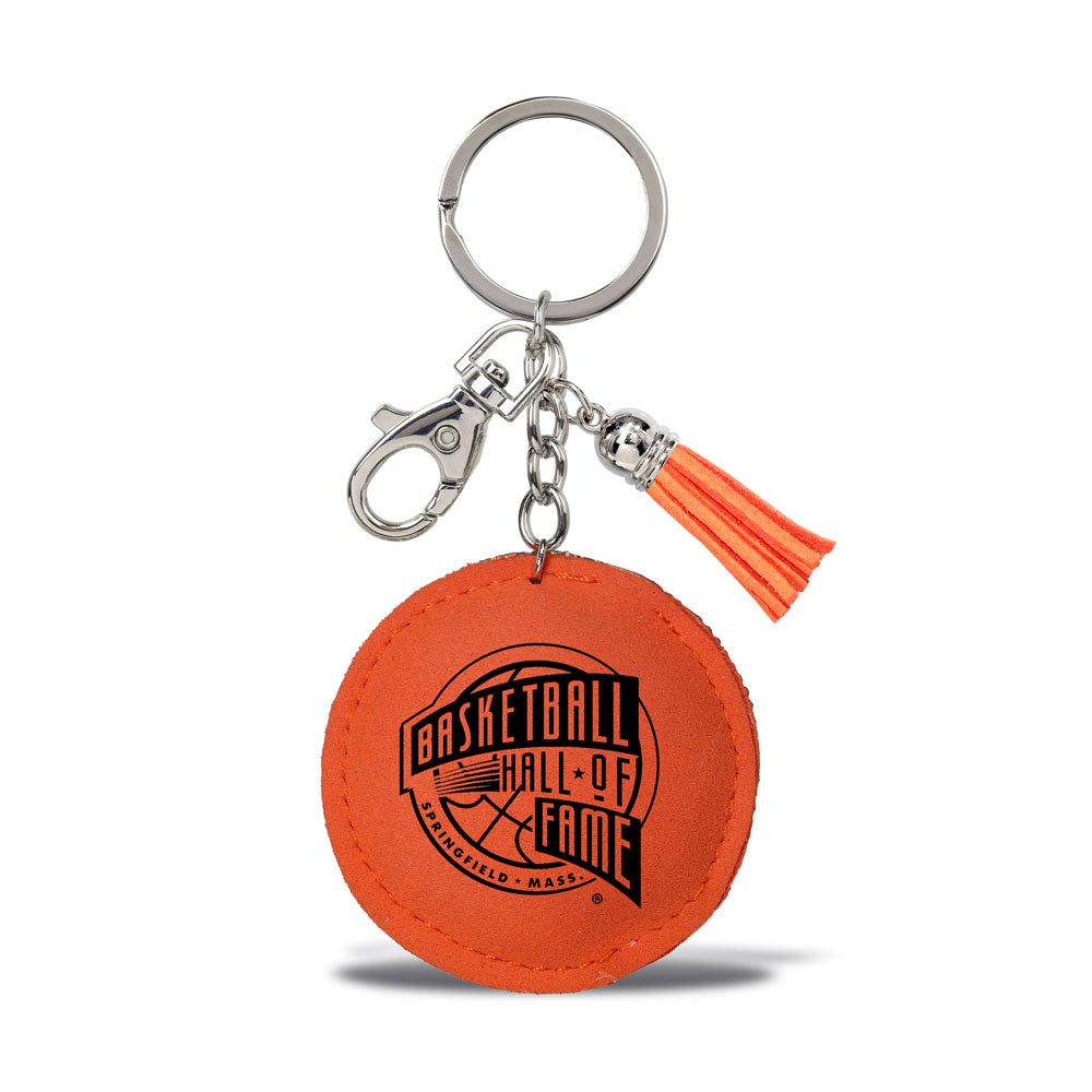 The Basketball Hall of Fame Bling Basketball Keychain features a round orange basketball design, logo, metal key ring, clip, and a bright tassel—ideal for hoops fans!.