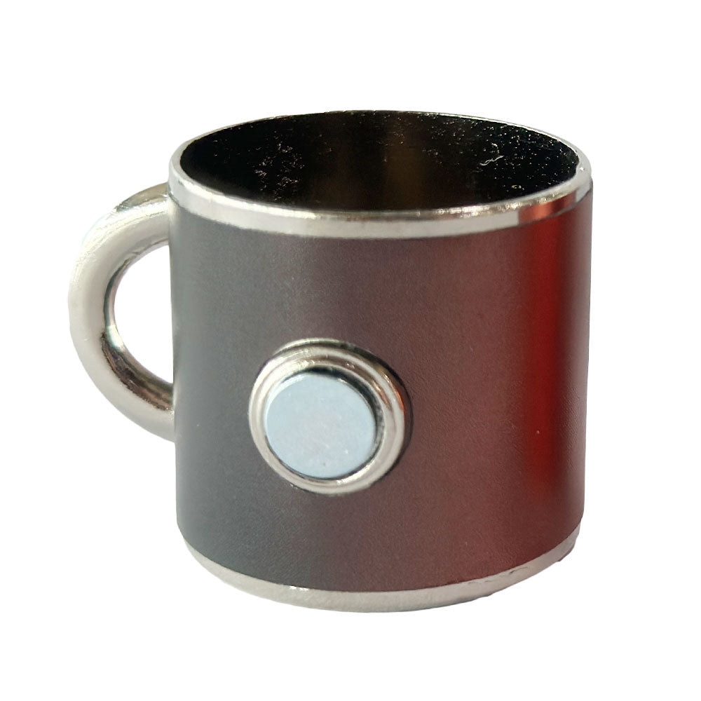 The Basketball Hall of Fame® Mini Mug Magnet is a metallic, cylindrical magnet with a handle and circular button detail, resembling a camera lens or gear—an ideal and unique keepsake for any basketball fan or Hall of Fame enthusiast.