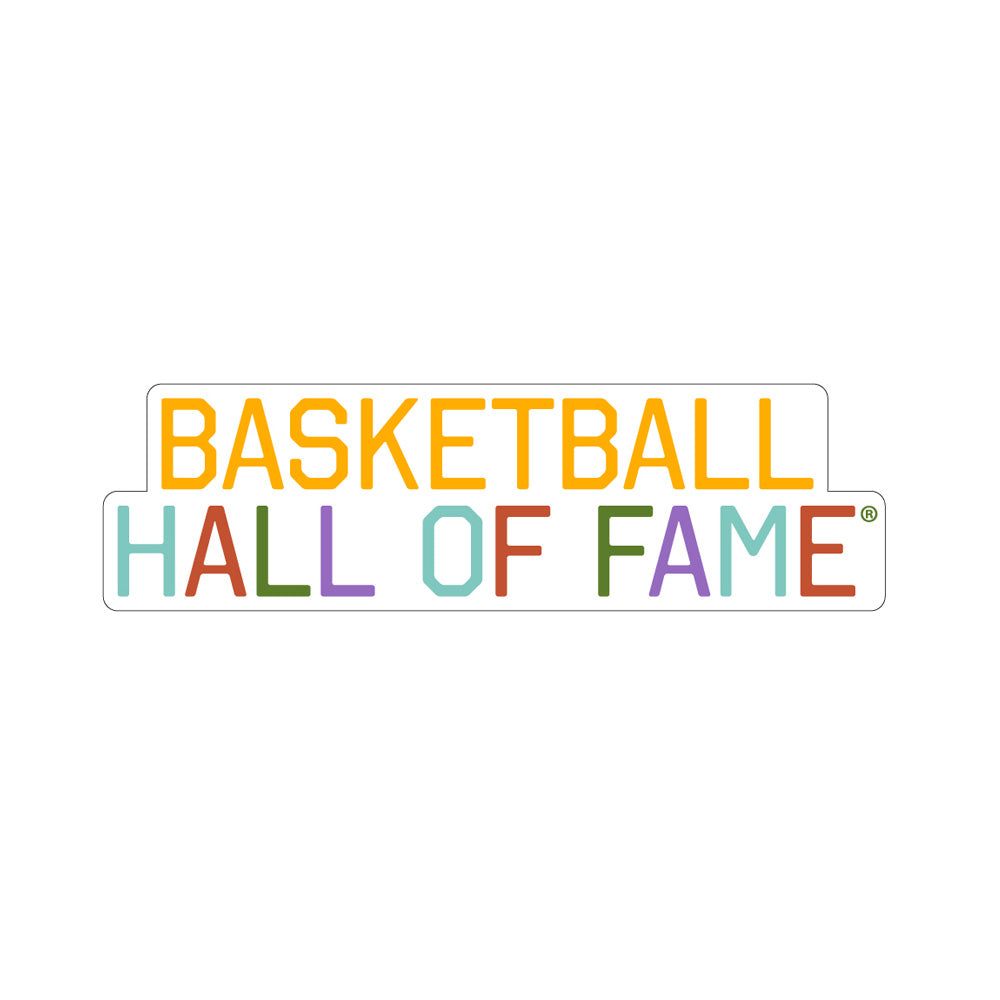 Text logo reading BASKETBALL HALL OF FAME—BASKETBALL in orange and HALL OF FAME in multicolored letters on white—featured on the Basketball Hall of Fame® Buckets and Dimes Collectable Pin Set, ideal for any memorabilia collection.