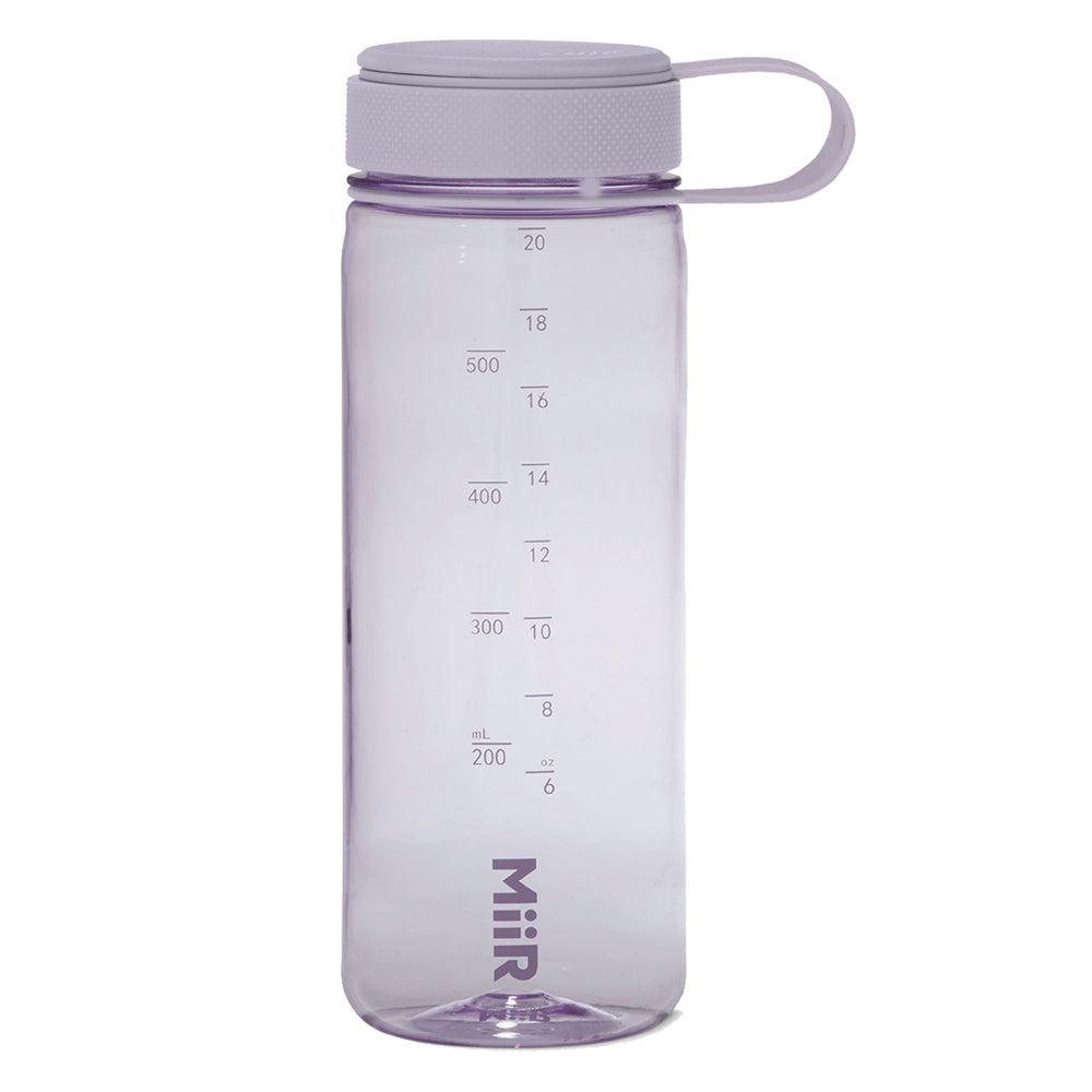The Basketball Hall of Fame® Buckets and Dimes Waterbottle is a clear, reusable eco-friendly bottle with measurement markings in milliliters and ounces, a gray screw-on lid, and a matching carrying loop.